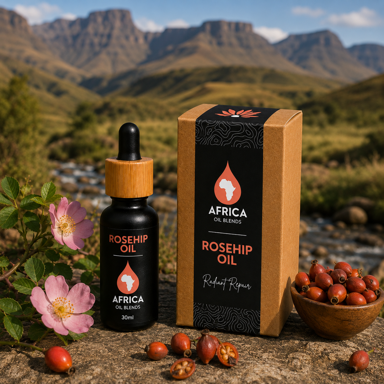 Rosehip oil with lesotho mountains